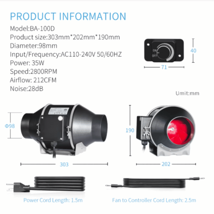 EC Inline Duct Fan Kit 10 cm – Lüfter mit Speed Controlleru