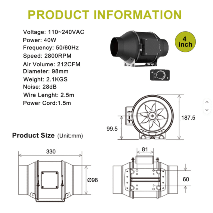 EC Inline Duct Fan Kit 10 cm – Lüfter mit Speed Controlleru