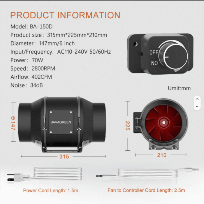 Inline-Lüfter & Aktivkohlefilter 150 mm