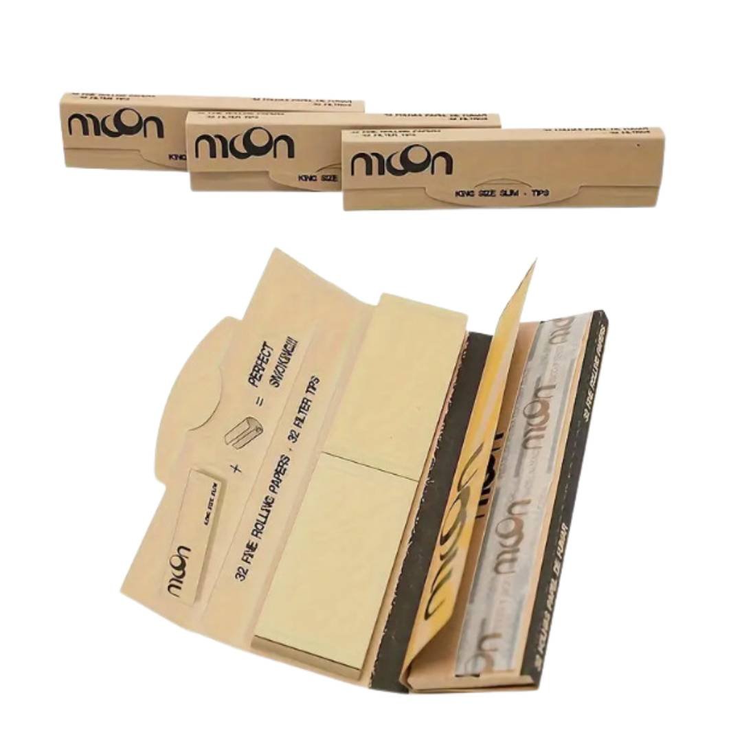 MOON Moon King Size Slim + Tips – Unbleached Rolling Papers (32 Blatt)