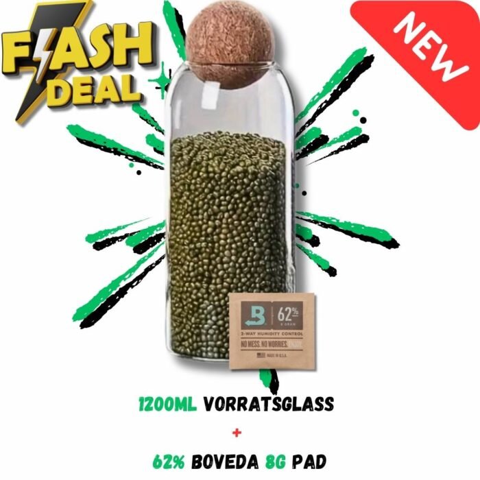 Vorratsglas mit Kugel-Kork verschluss (3) Glasbehälter mit Kugel-Holzverschluss + Boveda-Pad
