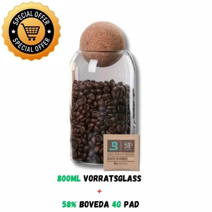 Vorratsglas mit Kugel-Kork verschluss (5) Glasbehälter mit Kugel-Holzverschluss + Boveda-Pad